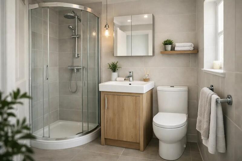 Best bathroom suites for small bathrooms - modern compact bathroom with curved shower enclosure, oak vanity unit, white basin and close-coupled toilet in neutral tones