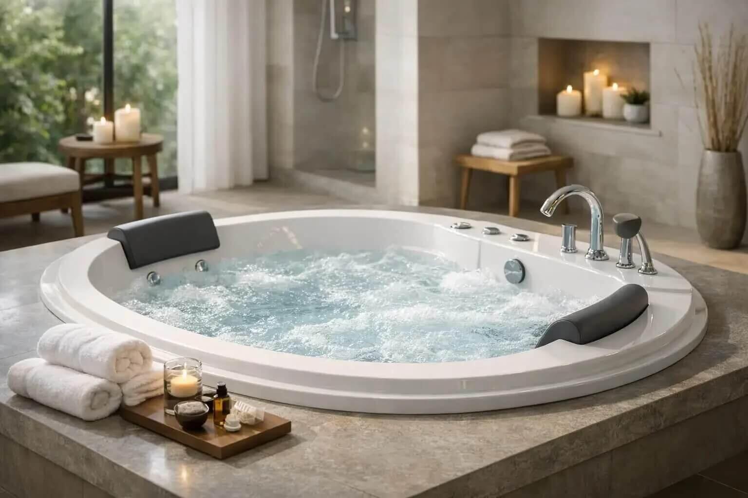 Luxury round whirlpool bath with bubbling water in a modern spa bathroom