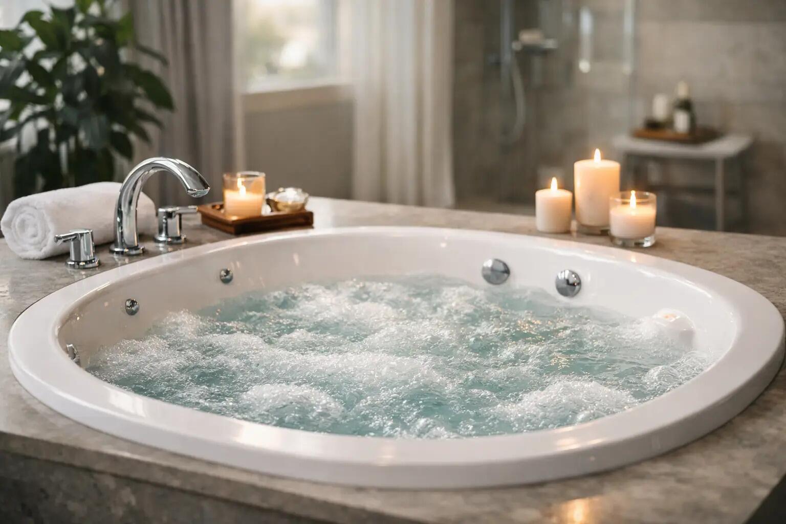 Modern jacuzzi whirlpool bath with bubbling water in a calm, well-designed UK bathroom