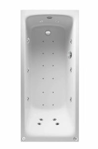 White rectangular whirlpool bathtub top-down empty view with chrome jets and drain
