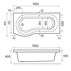 Beaufort Shannon LH 1500 mm 24 Jet P Shaped Whirlpool Spa Shower Bath technical drawing