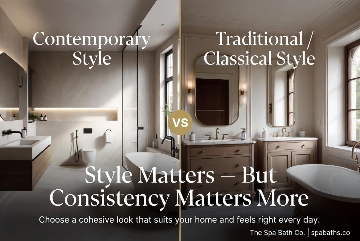 Contemporary vs Traditional Bathroom Styles comparison - Style Matters But Consistency Matters More