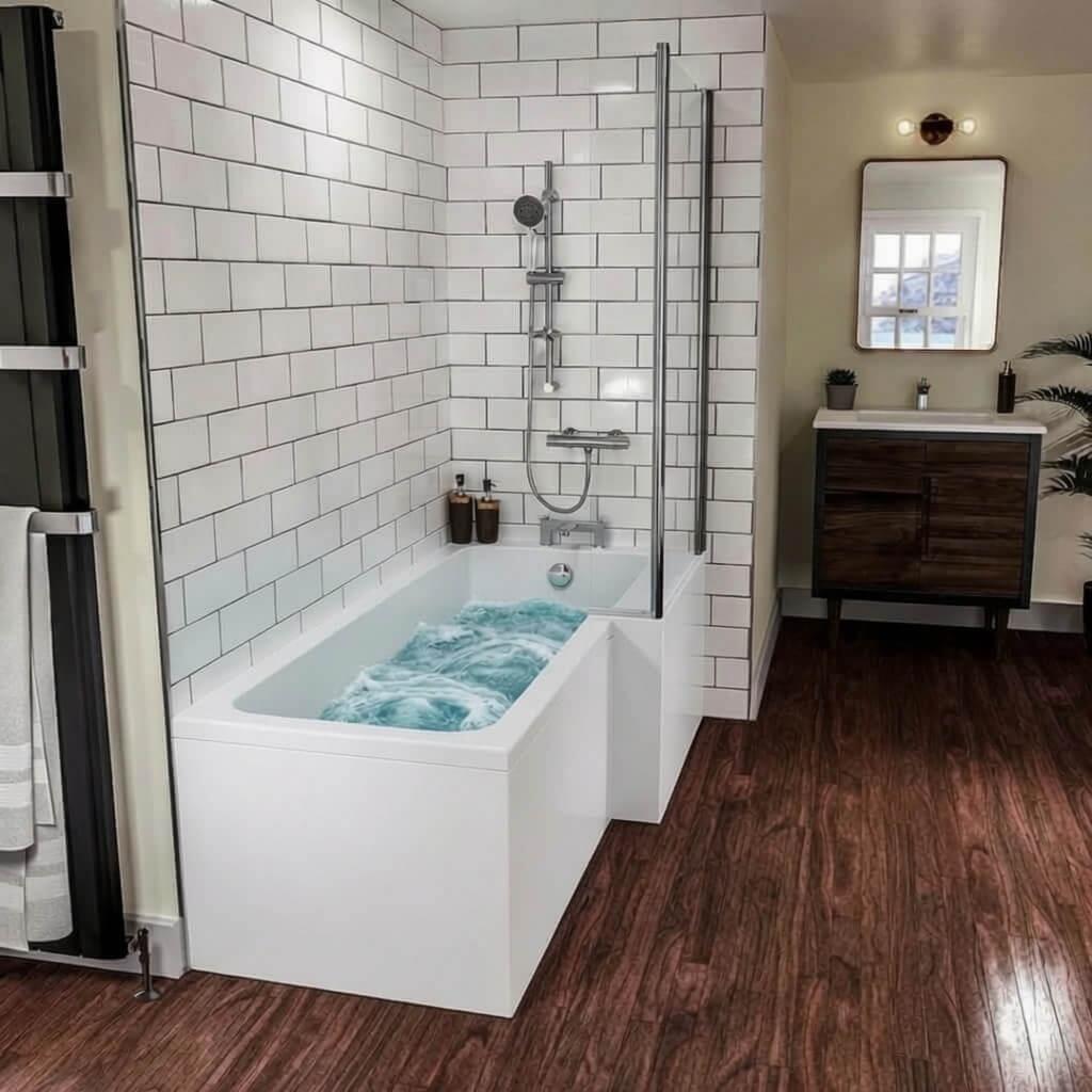 A right handed l shape whirlpool shower bath in a modern bathroom