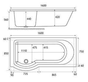 SBC - Beaufort Portland LH 1600 x 850 x 750 mm 12 Jet P Shaped Shower Bath Technical Drawing