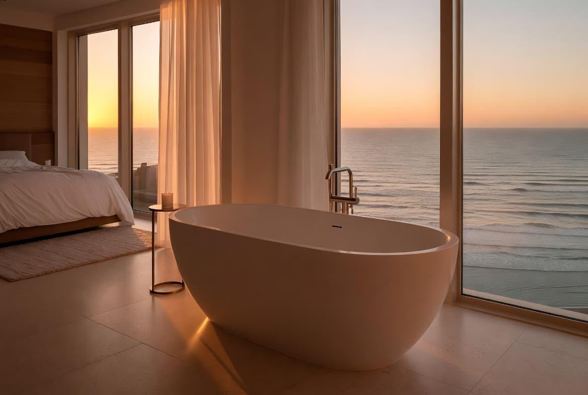 Freestanding bathtub in a modern bedroom with large windows overlooking the ocean at sunse