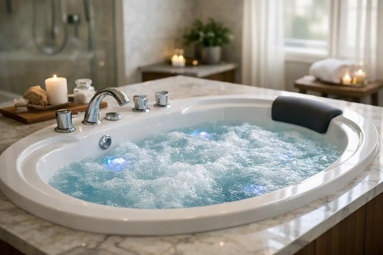 Luxury jacuzzi whirlpool bath in modern UK bathroom