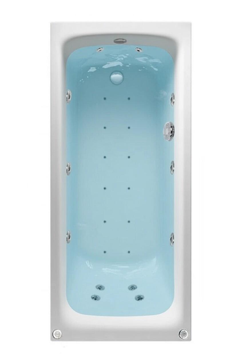 White rectangular whirlpool bathtub top-down filled with light blue water and chrome jets