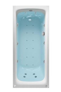 White rectangular whirlpool bathtub top-down filled with light blue water and chrome jets