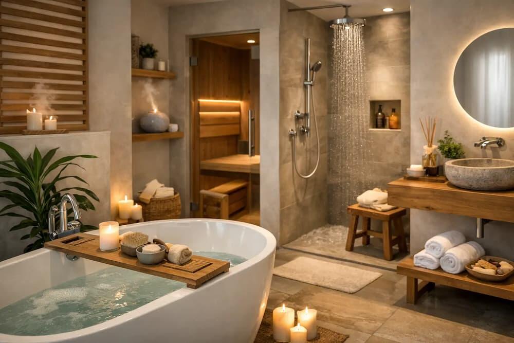 Calm UK bathroom featuring a whirlpool bath as the centrepiece of a wellness-focused scheme