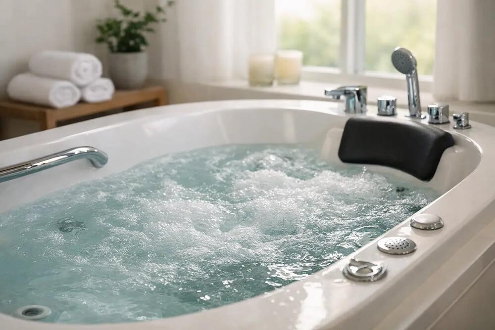 Whirlpool bath safety features including anti-slip base, intuitive controls and secure installation for a reliable home spa experience