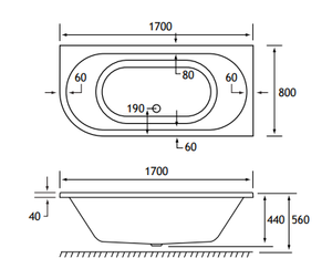 tech drawing of a Beaufort Biscay RH 1700 x 800 mm J Shaped DE Whirlpool Bath