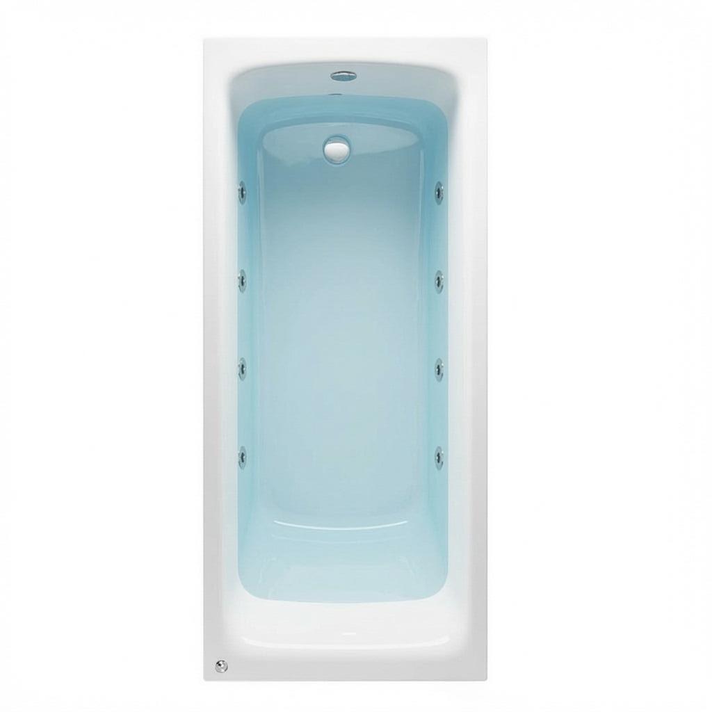 A white 8 jet whirlpool bath with chrome jets filled with crystal clear water