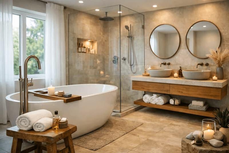 Luxurious spa-style bathroom renovation UK home with freestanding bath, double vanity and walk-in shower in warm neutral tones