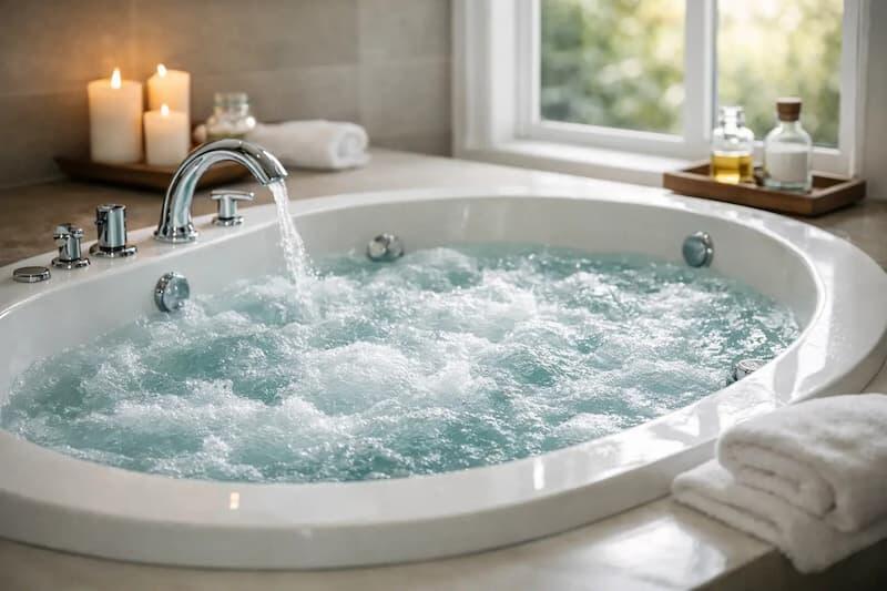 Modern whirlpool bath with massaging jets in a stylish, relaxing bathroom setting