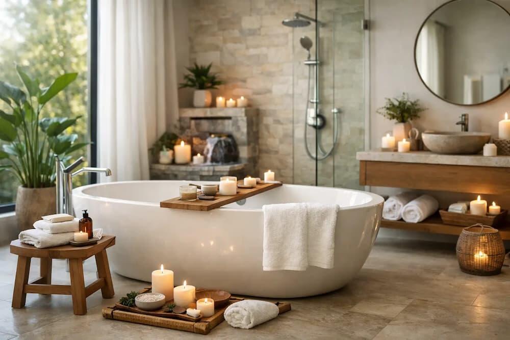 Calm spa-style UK bathroom with a whirlpool bath, soft lighting and clean finishes