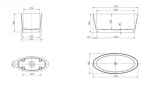 technical drawing Ramsden and Mosley Bute Freestanding Bath 1595 x 720 mm