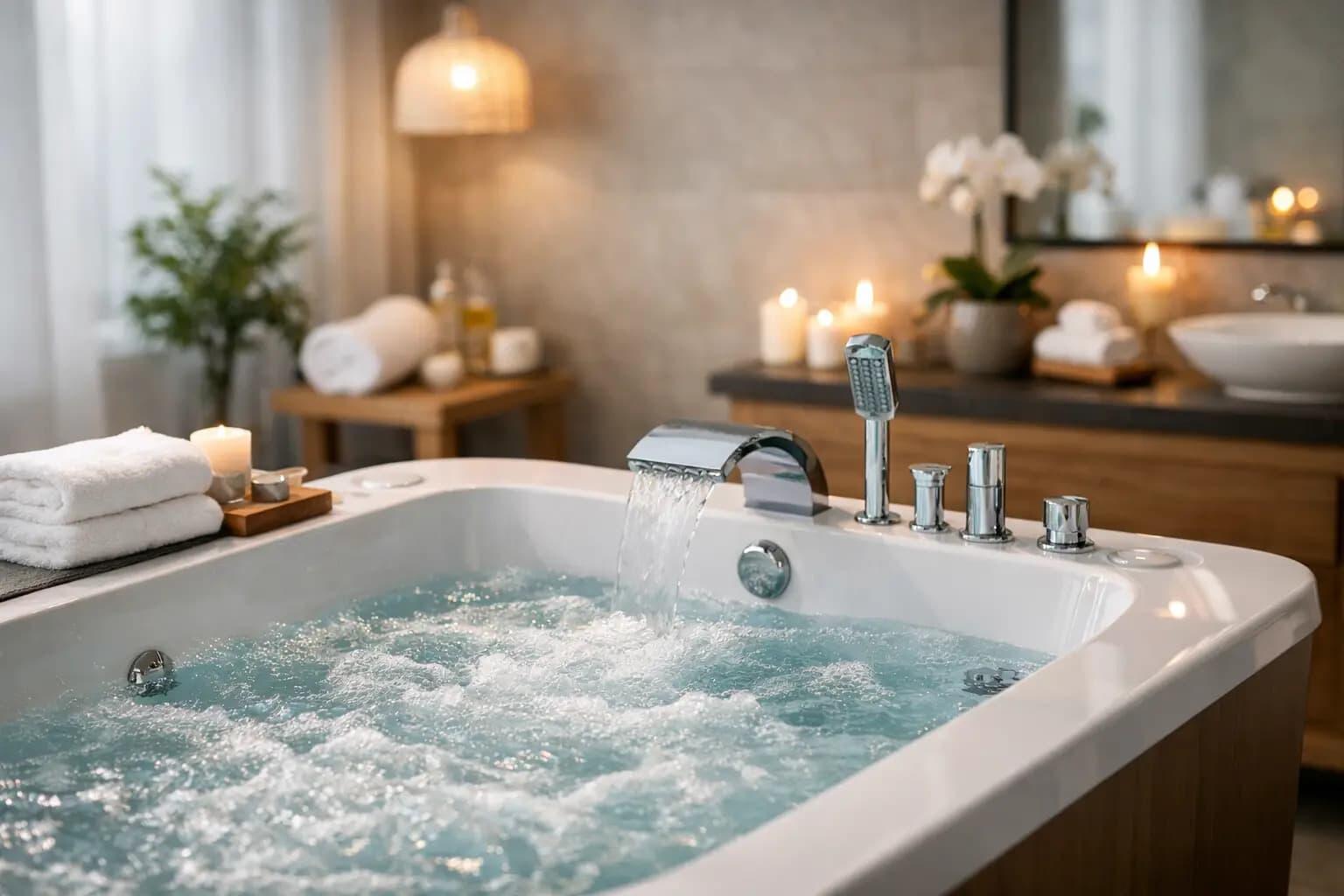 Modern whirlpool spa bath with bubbling water, cascading tap and candles in a relaxing contemporary bathroom