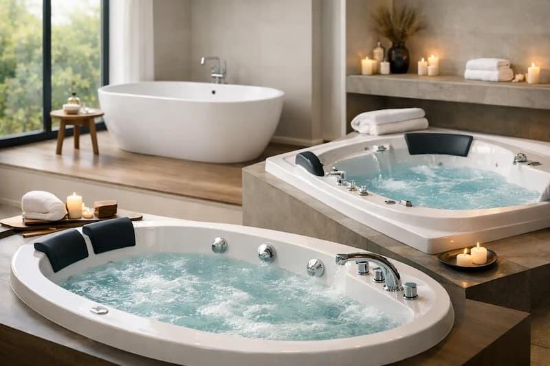 Modern luxury bathroom with two spa baths featuring powerful bubbling jets, elegant white towels, lit candles and serene decor – perfect inspiration for choosing spa baths in Ireland