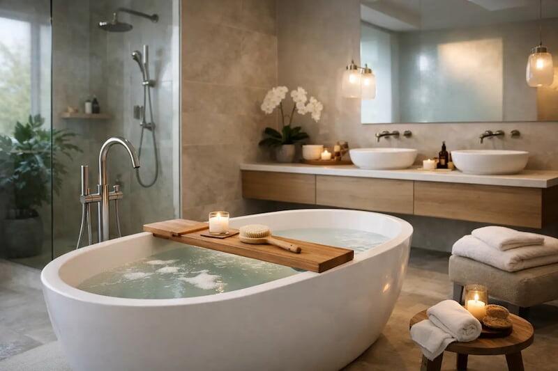 Luxury ensuite spa bathroom with freestanding oval whirlpool bath, wooden tray and candles, double vessel basins, walk-in shower and calm modern finishes - real-world project example