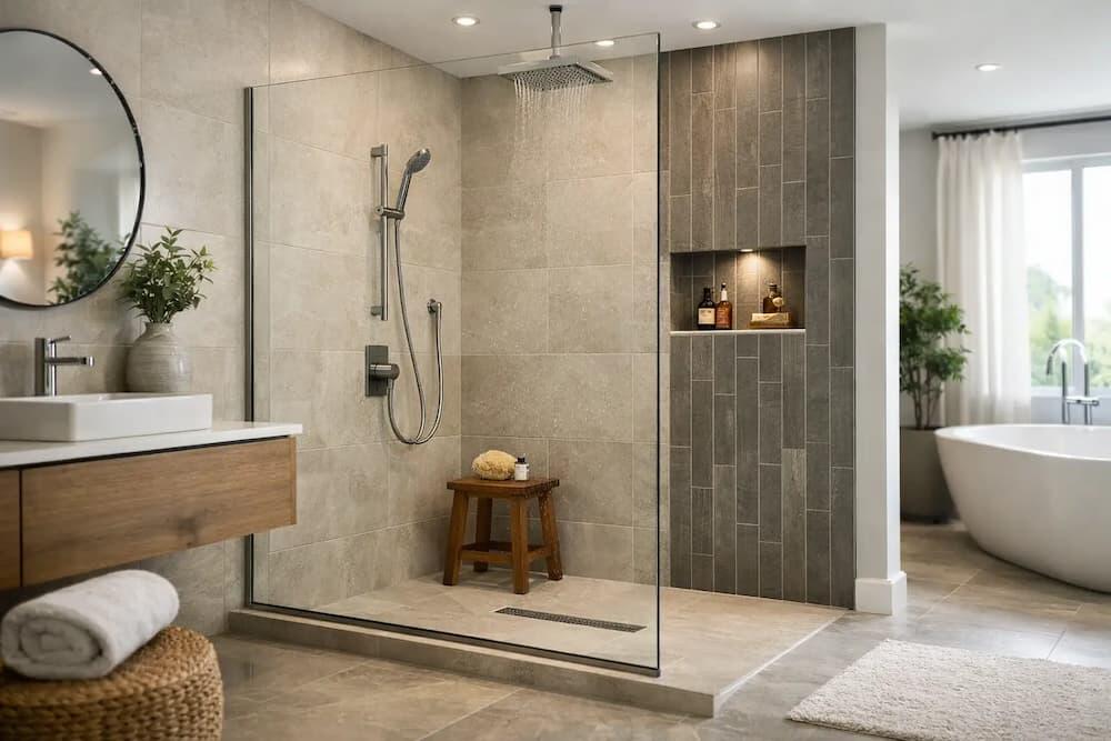 Modern walk-in shower suite with low-profile tray and frameless glass screen in a spa-inspired bathroom