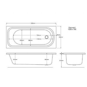 Trojan Derwent 1200 x 700 mm Whirlpool Bath Technical Drawing