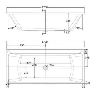 Technical Drawing Trojan Edge 1700 x 750 mm Whirlpool Bath with 8,12 or 24 Jets