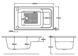 Techncal Drawing SBC - Compact Kent Bathe Easy Sit-in Accessibility Whirlpool Bath 1220 mm x 720 mm