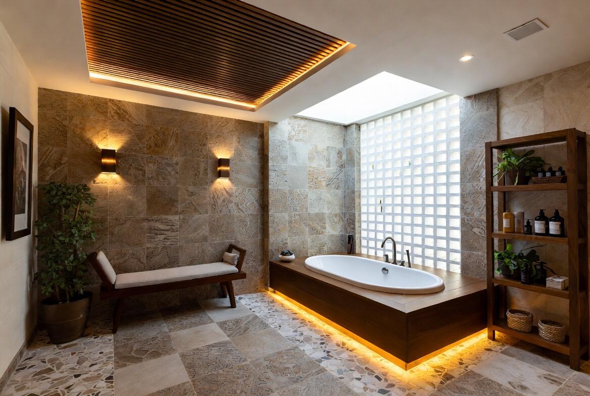 Serene 2026 spa bathroom with natural stone tiles, freestanding tub and warm ambient lighting