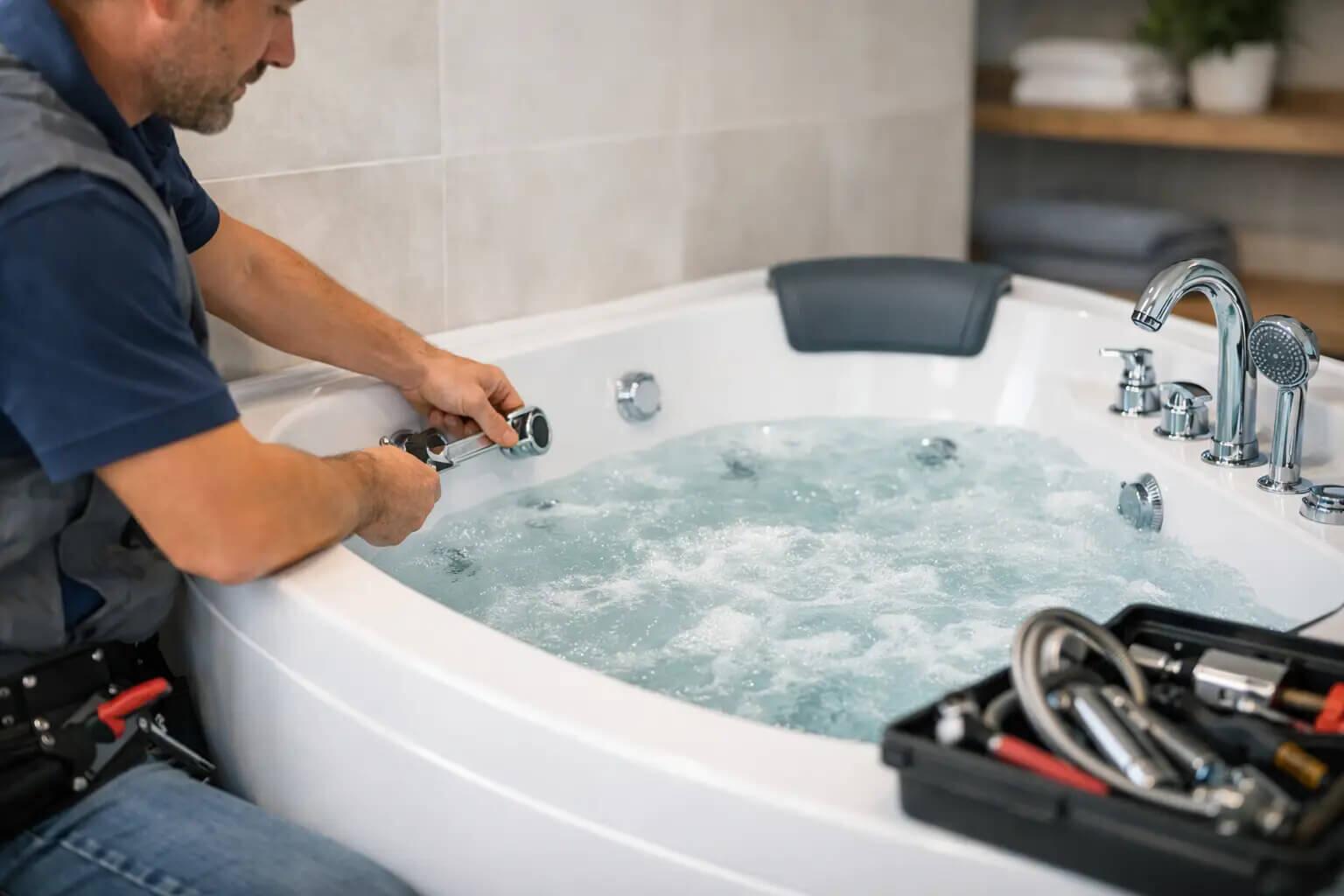 Professional installer fitting components to a luxury whirlpool bath filled with bubbling water, tools visible