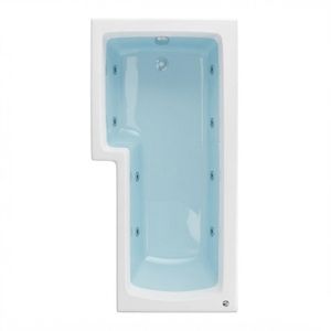 White L-shaped 8-jet whirlpool shower bath with light blue water, top view of Beaufort Shannon LH 1500mm model