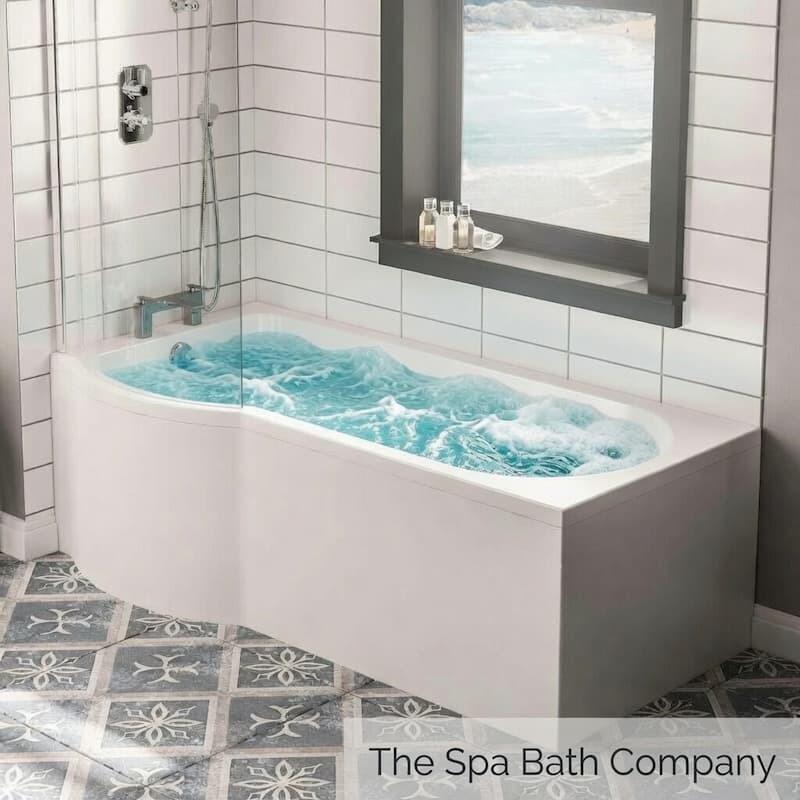 P-shaped shower bath in modern family bathroom with curved wider shower end