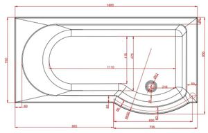Tech drawing of a Beaufort Portland RH 1600 x 850 x 750 mm 24 Jet P Shaped Shower Bath
