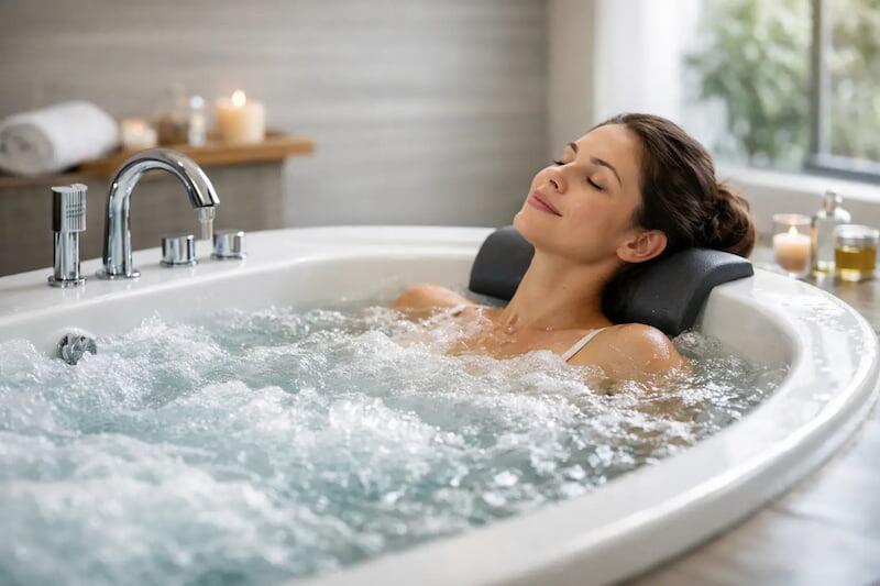 A lady in a luxuirious whirlpool bath
