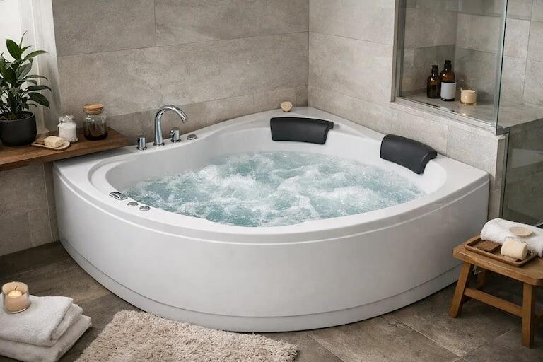 Luxurious corner whirlpool bath fitted in a modern UK bathroom