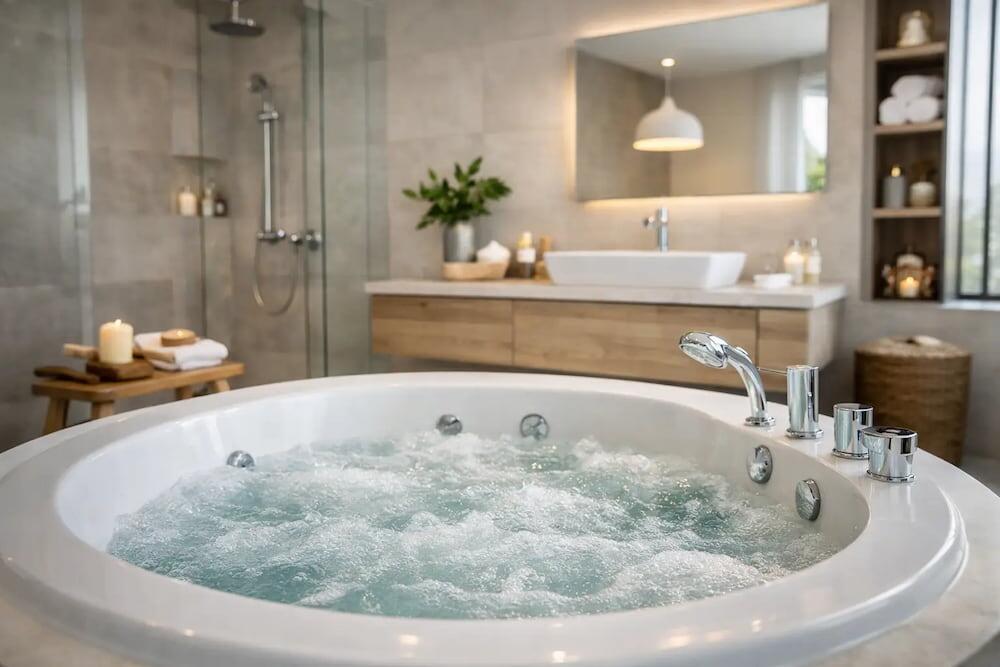 Bathroom renovation with a whirlpool bath as the centrepiece of a calm, modern UK bathroom
