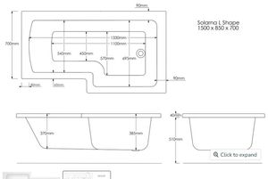 1500 mm RH 12 Jet L Shape Whirlpool Shower Bath Technical drawing