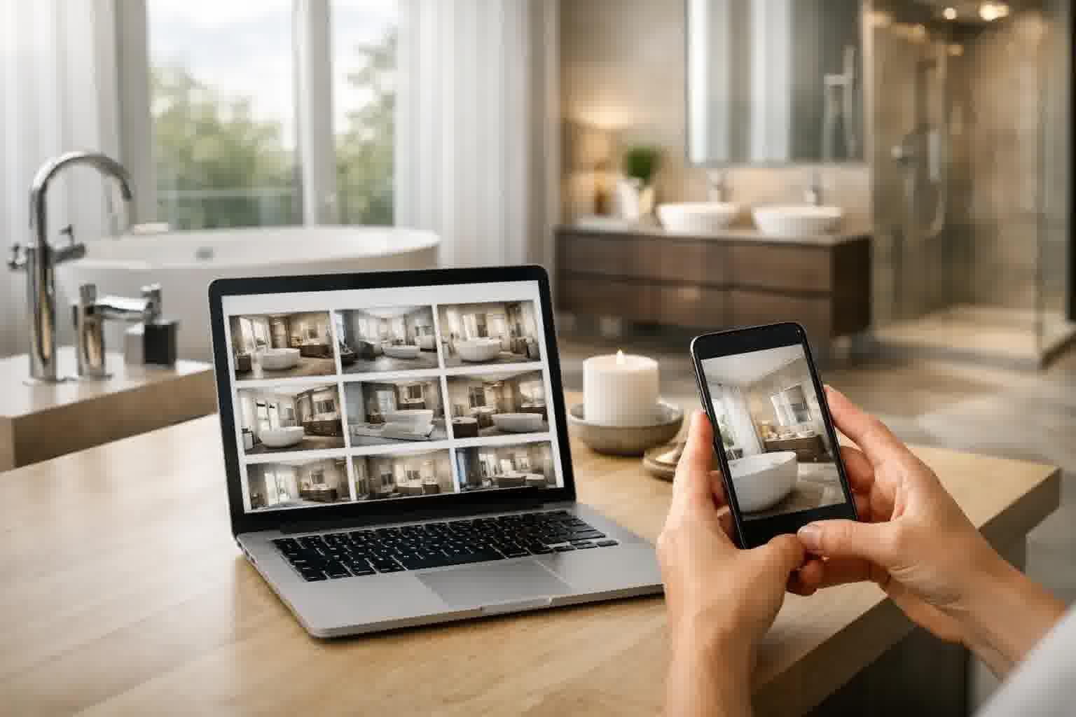 Shopping for luxury bathroom suites online - laptop and phone showing beautiful bathroom designs in a modern luxury bathroom