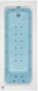 Top view of a white rectangular whirlpool bath with light blue interior and multiple chrome jets for hydro massage.