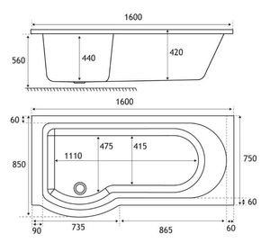 SBC - Beaufort Portland LH 1600 x 850 x 750 mm 24 Jet P Shaped Shower Bath tech drawing