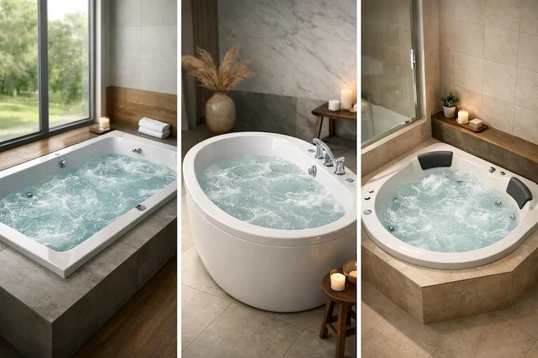 Various whirlpool bath shapes including straight, corner, P-shaped and freestanding in modern bathrooms