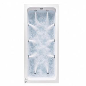 Top-down white 12-jet Portland whirlpool tub featuring chrome sprays and swirling foamy water patterns