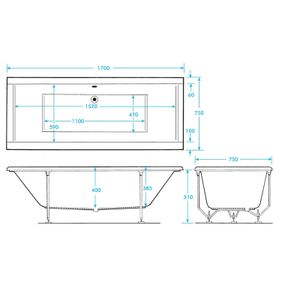 Technical Drawing Trojan Elite Duo 1700 x 750 mm Whirlpool Bath