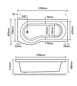 technical drawing Beaufort Shannon LH 1700 mm 24 Jet P Shaped Whirlpool Spa Shower Bath
