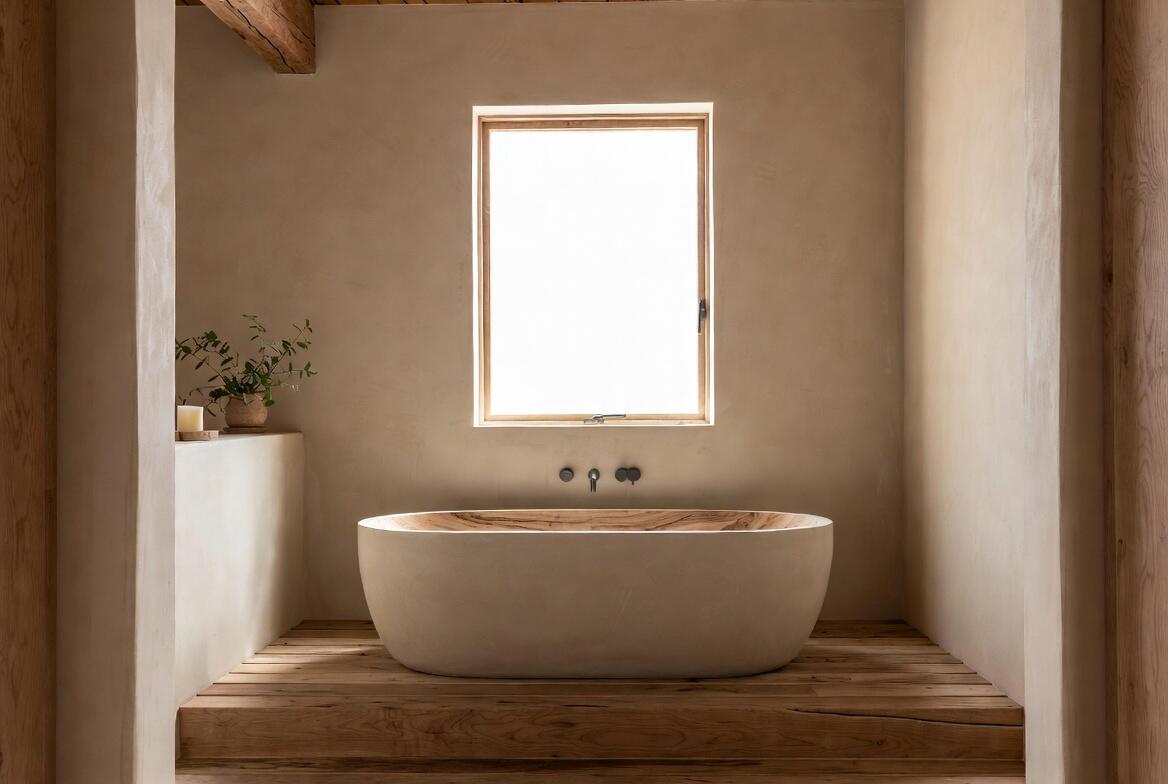 Japandi style freestanding bathtub with natural textures