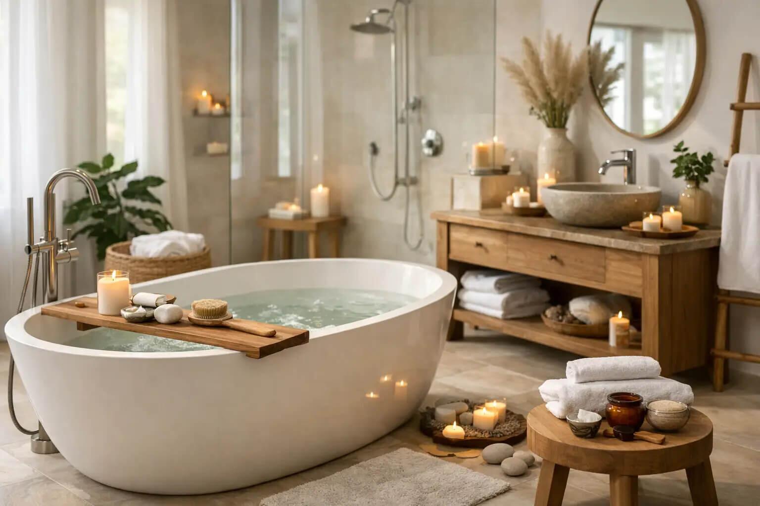 Calm, modern spa bathroom at home with freestanding bath, candles, and natural textures