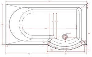 Beaufort Portland RH P-Shaped 24 Jet Whirlpool & Air Spa Shower Bath technical drawing