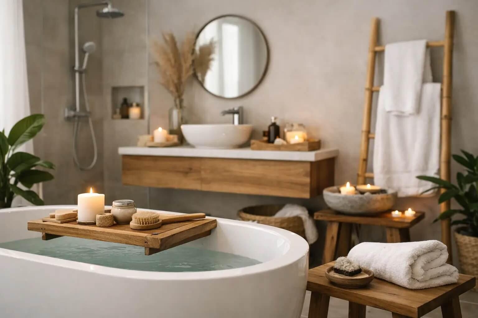 Calm affordable spa bathroom with neutral tones, large-format tiles, wall-hung fittings and a compact whirlpool bath