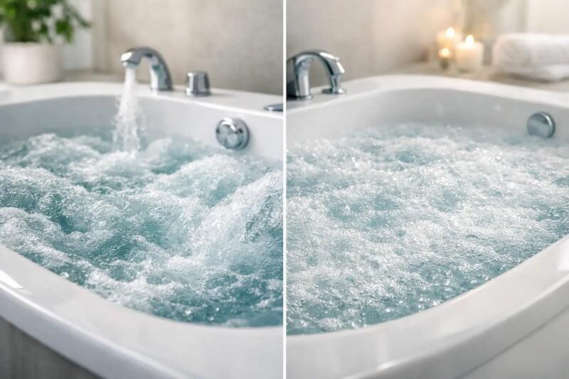 Side-by-side comparison of a whirlpool bath with powerful water jets versus an air bath with gentle bubbling effervescence