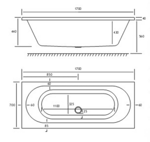 Technical drawing of Beaufort Biscay 1700 x 700 mm Double Ended Whirlpool Bath
