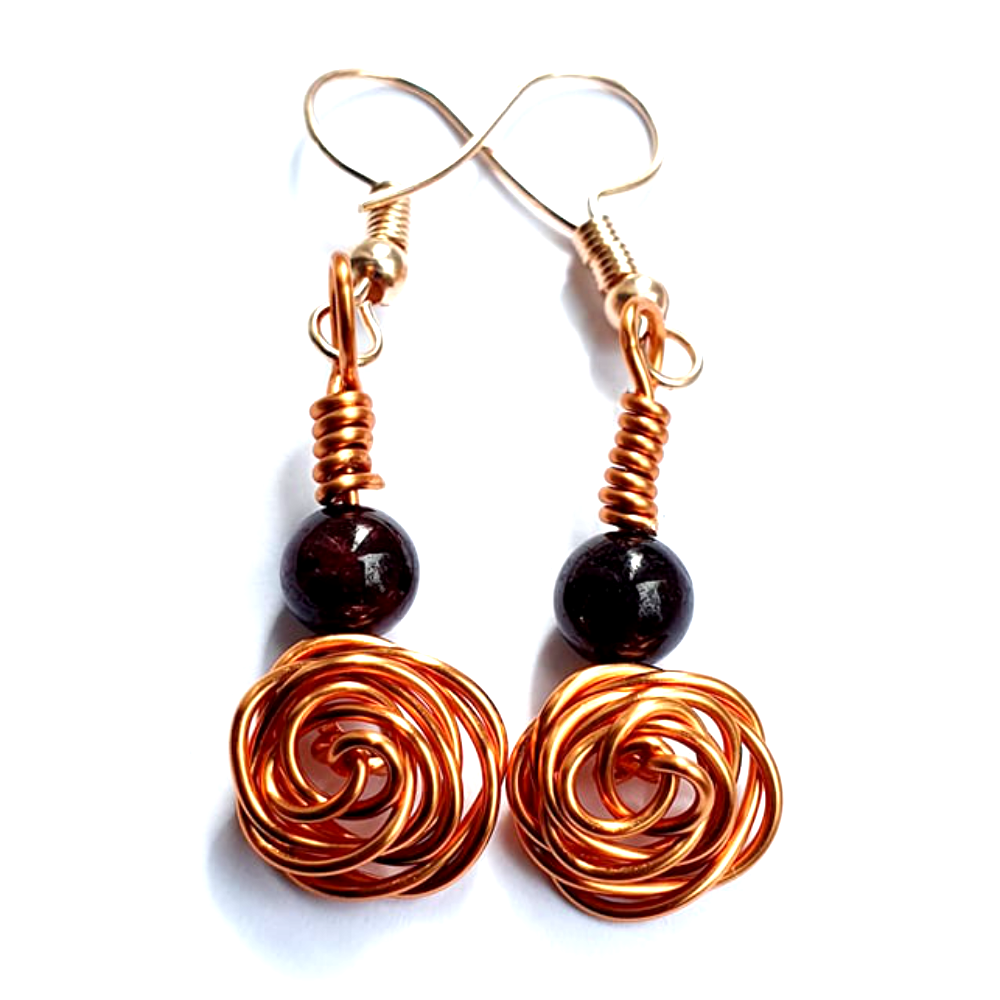 Wire Rose Earrings - Copper & Garnet